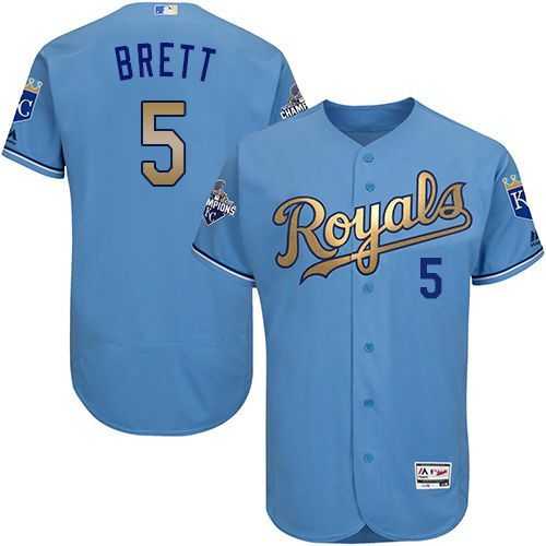 Glued Kansas City Royals #5 George Brett Light Blue FlexBase 2015 World Series Champions Gold Program Baseball Jersey,We sell and wholesale Glued Kansas City Royals #5 George Brett Light Blue FlexBase 2015 World Series Champions Gold Program Baseball Jersey on line form chian!